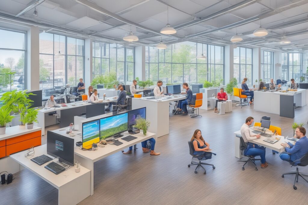 Een professioneel ogende kantooromgeving waar een diverse groep marketingprofessionals geconcentreerd werkt met geavanceerde AI-visualisaties en dynamische grafieken op grote schermen, die hyperpersonalisatie en geautomatiseerde leadgeneratie illustreren in een moderne, realistische en sfeervolle setting bij natuurlijk licht.