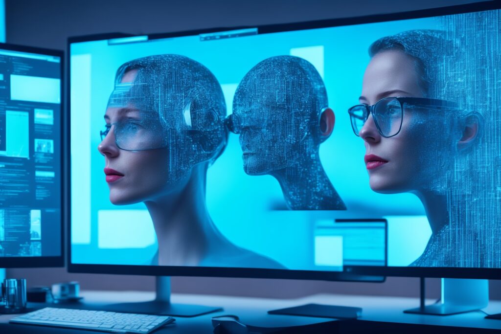 Cinematische, sfeervolle afbeelding van een moderne zakenman of marketeer die gefocust werkt met meerdere transparante schermen vol grafieken en data-analyse om AI-gedreven leadgeneratie en hyperpersonalisatie in digitale marketing te visualiseren, met een achtergrond van een stedelijk kantoor in de avondschemering, scherp en realistisch vastgelegd zonder zichtbare teksten of logo’s.