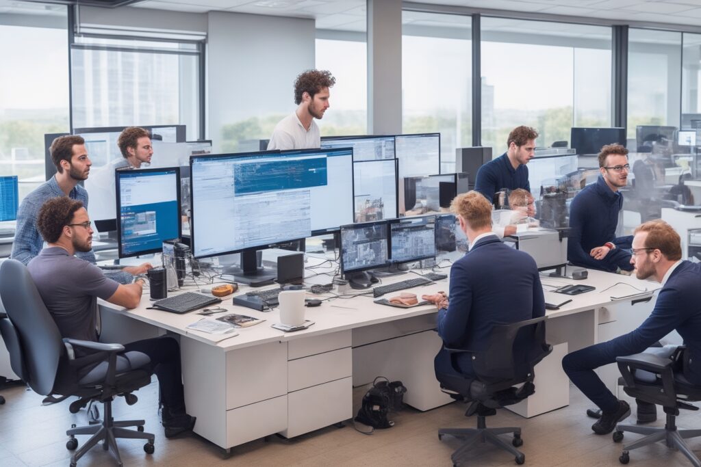 Een professioneel ogende zakelijke omgeving met diverse mensen die gefocust samenwerken en gebruikmaken van digitale schermen en data-analyse tools, in een modern kantoor met warme, natuurlijke verlichting en een cinematische, editorial sfeer die groei, technologie en slimme leadgeneratie visualiseert.