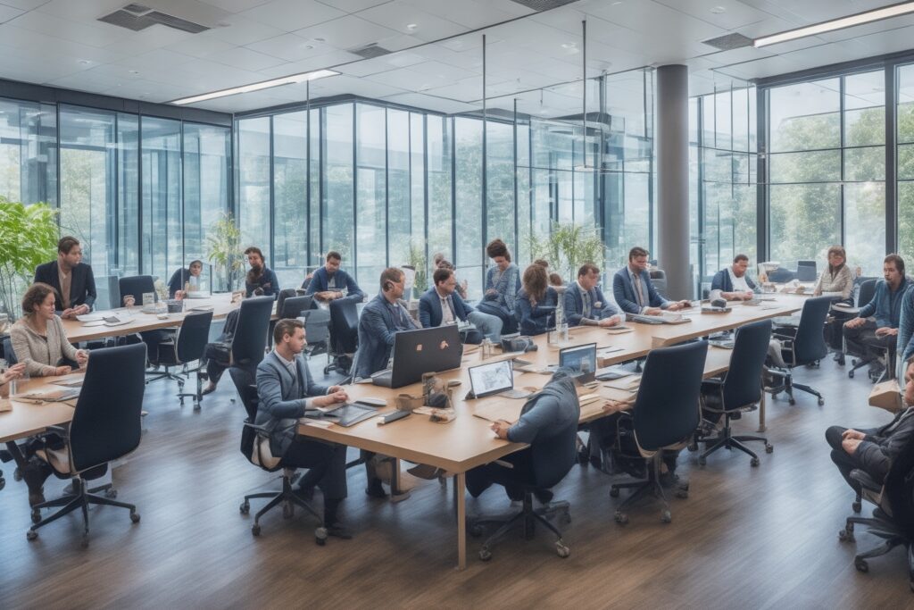 Een strakke, moderne kantooromgeving met een diverse groep professionals in gesprek rond een groot scherm met grafieken en data-analyses, sfeervol belicht in warm, natuurlijk licht, die samen strategisch plannen maken voor gerichte leadgeneratie en groei, met subtiele technologische elementen die AI en digitalisering symboliseren.