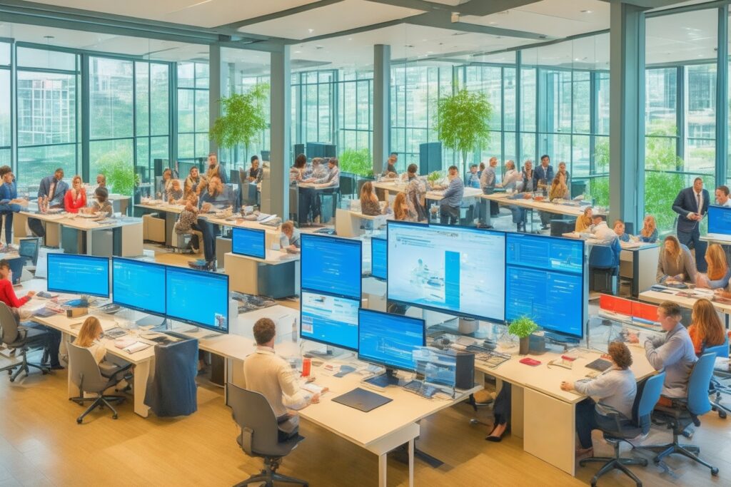 Een stijlvolle, cinematische kantooromgeving waarin een diverse groep professionals geconcentreerd samenwerkt rond meerdere schermen met dynamische grafieken en wereldkaartvisualisaties, die strategische, data-gedreven leadgeneratie via verschillende digitale kanalen en hypergepersonaliseerde marketinginspanningen uitbeelden, in warm, natuurlijk licht zonder zichtbare tekst of logo’s.