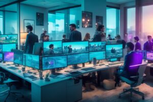 Cinematische editoriale afbeelding van een moderne kantooromgeving waar diverse professionals geconcentreerd samenwerken rondom holografische schermen met dynamische data en gepersonaliseerde marketinginzichten, in warme, natuurlijke verlichting die technologische vooruitgang en menselijke interactie in AI-gedreven leadgeneratie voor 2025 symboliseert.