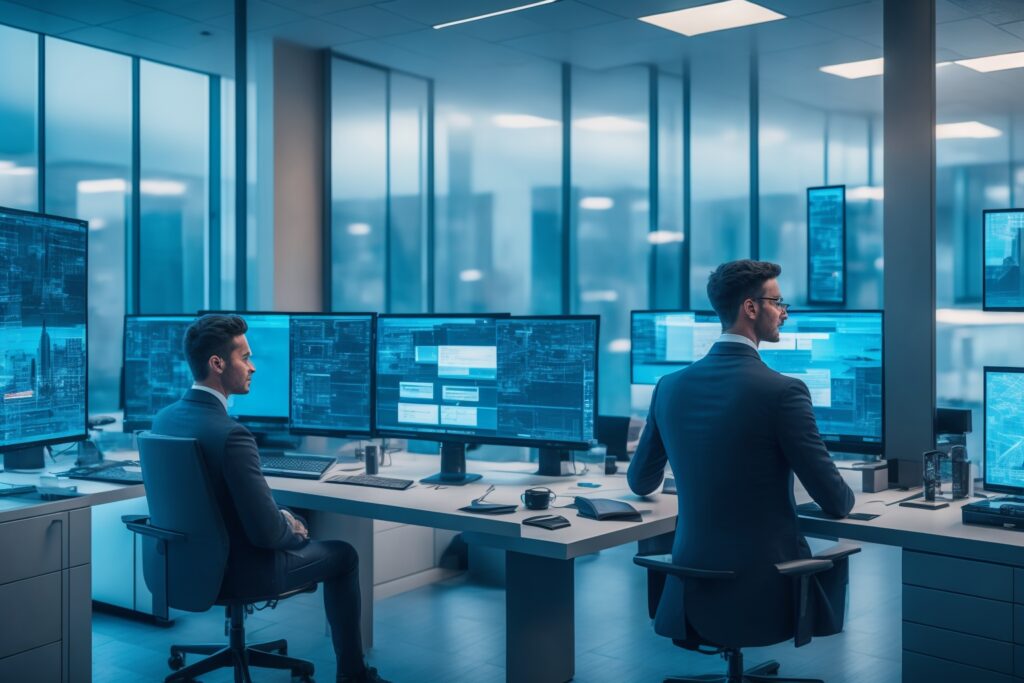 Een moderne zakelijke setting waar een marketeer in een strak kantoor gefocust naar een transparant digitaal scherm kijkt met dynamische grafieken en AI-iconen rondom, in warm, cinematisch licht met een professionele en futuristische sfeer, zonder zichtbare tekst of logo’s.