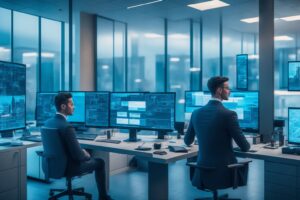 Een moderne zakelijke setting waar een marketeer in een strak kantoor gefocust naar een transparant digitaal scherm kijkt met dynamische grafieken en AI-iconen rondom, in warm, cinematisch licht met een professionele en futuristische sfeer, zonder zichtbare tekst of logo’s.