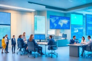 Een strak en modern kantoor met een diverse groep professionals die geconcentreerd samenwerken rond een groot digitaal scherm waarop abstracte datavisualisaties en AI-gerelateerde grafieken subtiel reflecteren, in warme natuurlijke lichtinval die de innovatie en precisie van AI-gedreven leadgeneratie symboliseert.