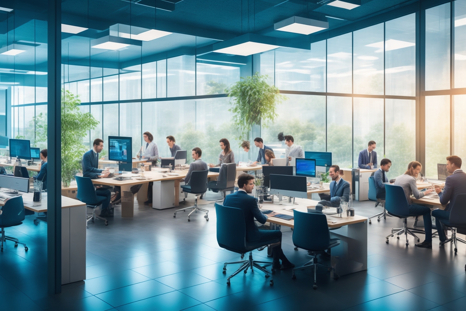 Een moderne kantooromgeving met een diverse groep professionals die geconcentreerd samenwerken aan laptops, omringd door holografische datavisualisaties en AI-symbolen die leadgeneratie en digitale groei symboliseren, in warm, natuurlijk licht met een cinematische, realistische editorial sfeer.